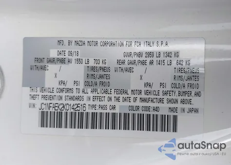 2019 Fiat 124 Spider Classica из США, поврежденный, VIN JC1NFAEK2K0142516